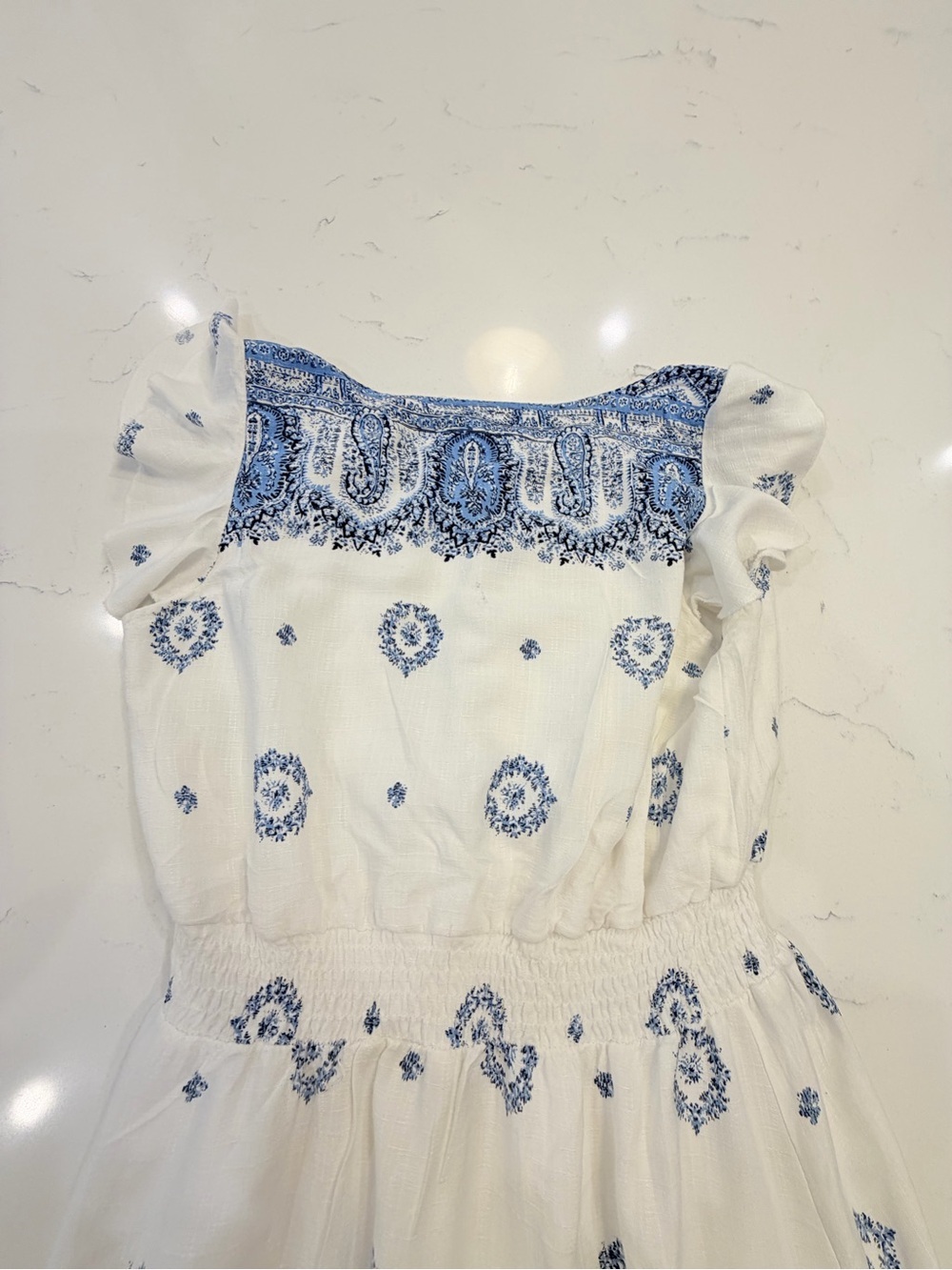 White & Blue Printed Midi Dress with Tie Waist - Picture 10 of 11